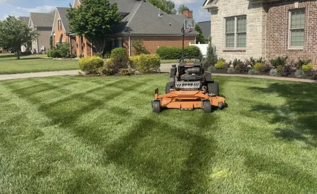 Mower cutting a front lawn